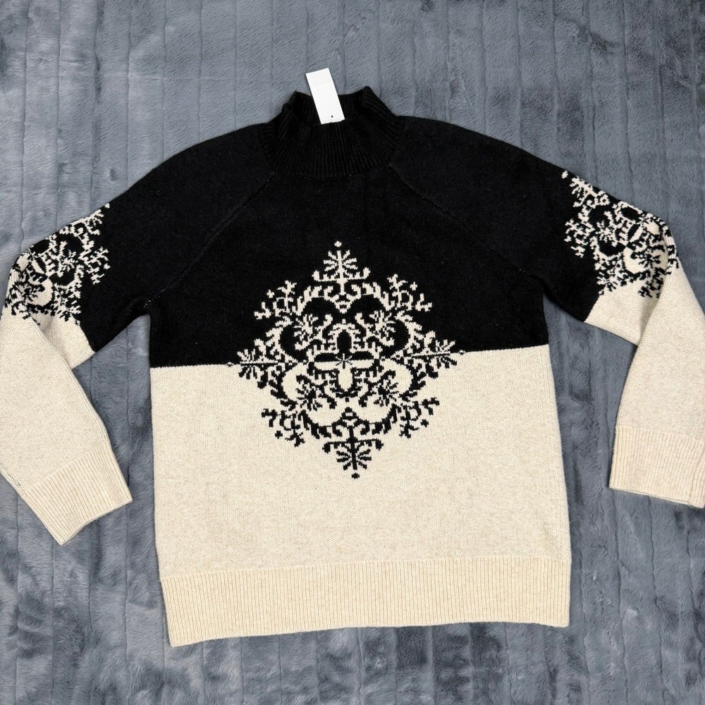 Loft Womens Black Cream Snowflake Colorblock Mock Neck Sweater Size M NEW
